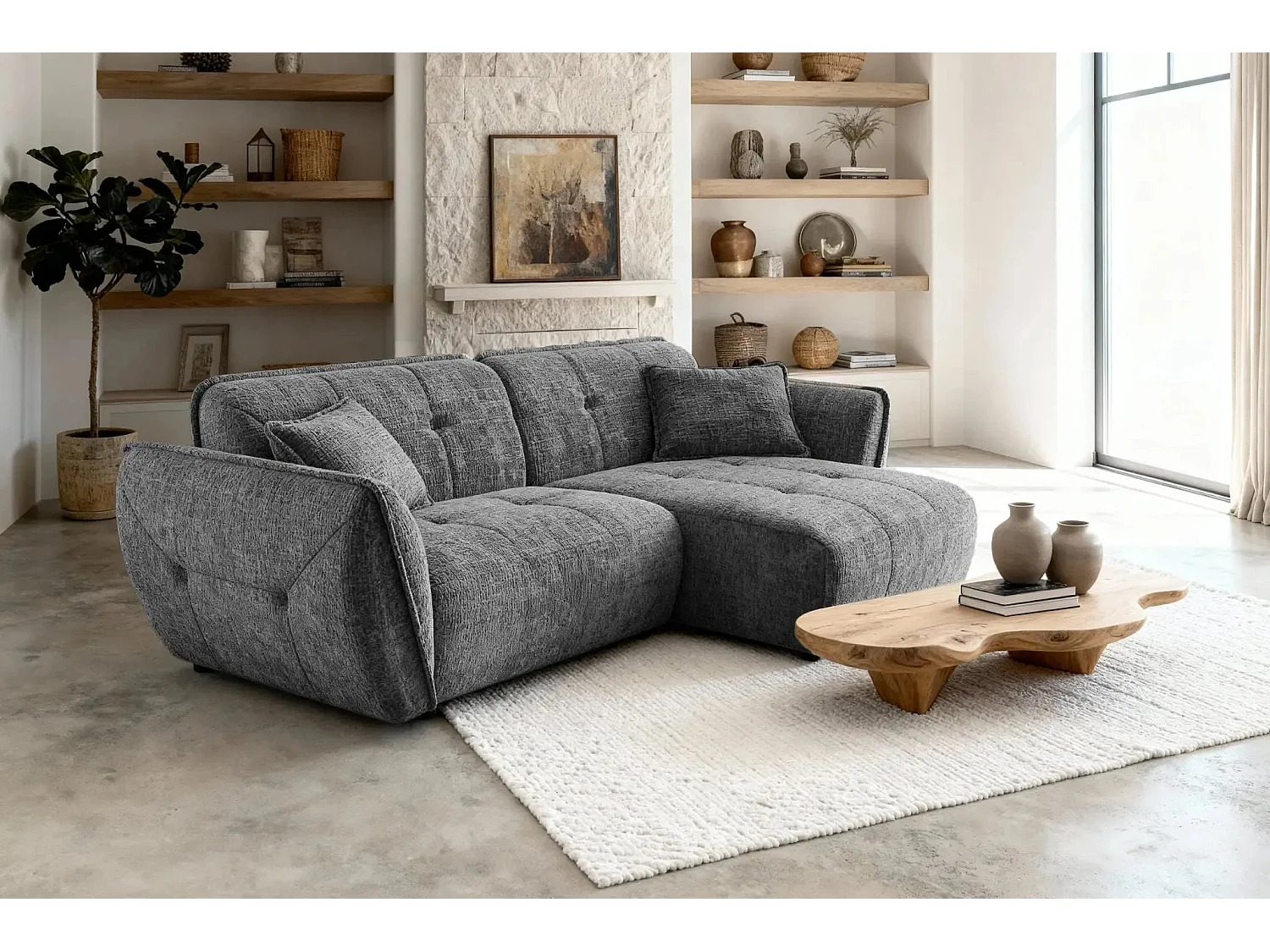 MONA - Canapé d'angle tissu chenille 4 places Gris foncé Droit