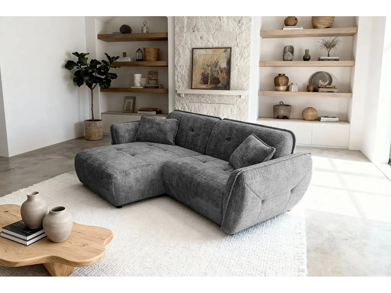 MONA - Canapé d'angle tissu chenille 4 places Gris foncé Droit