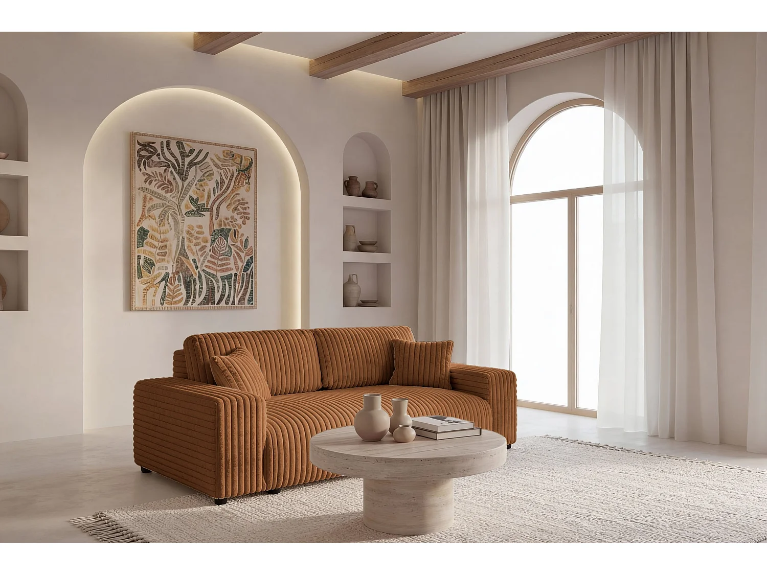 CAISA - 3-zits rechte grote corduroy bank - Terracotta