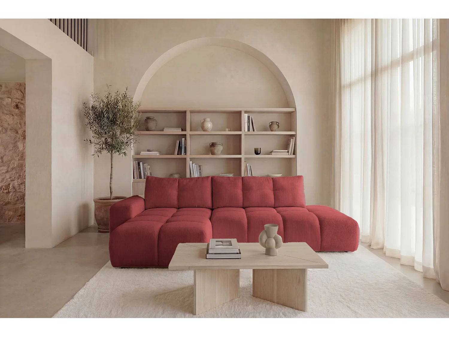 CONSTANCE - 4-zits hoekbank in chenille stof - Rood
