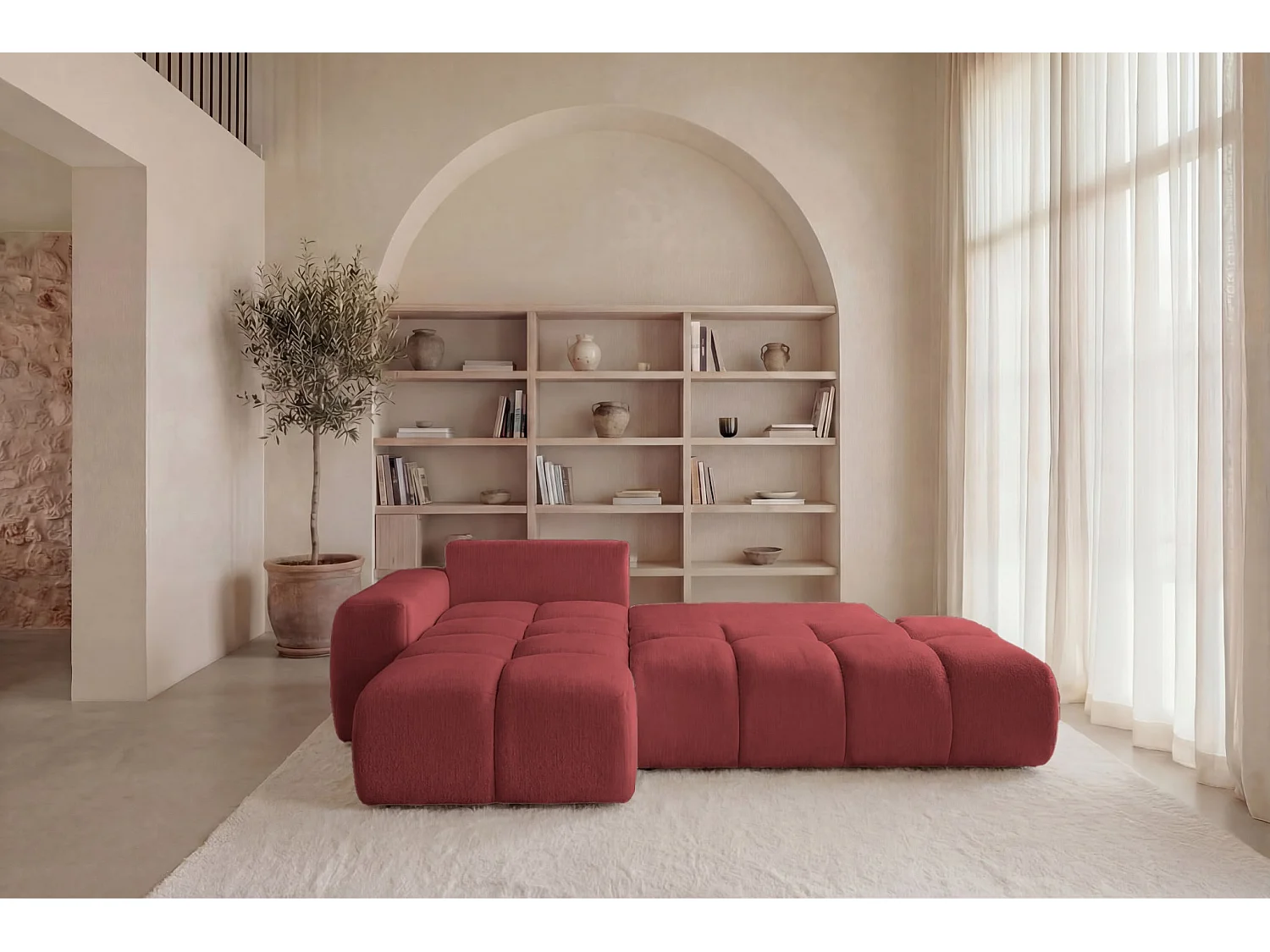 CONSTANCE - 4-zits hoekbank in chenille stof - Rood
