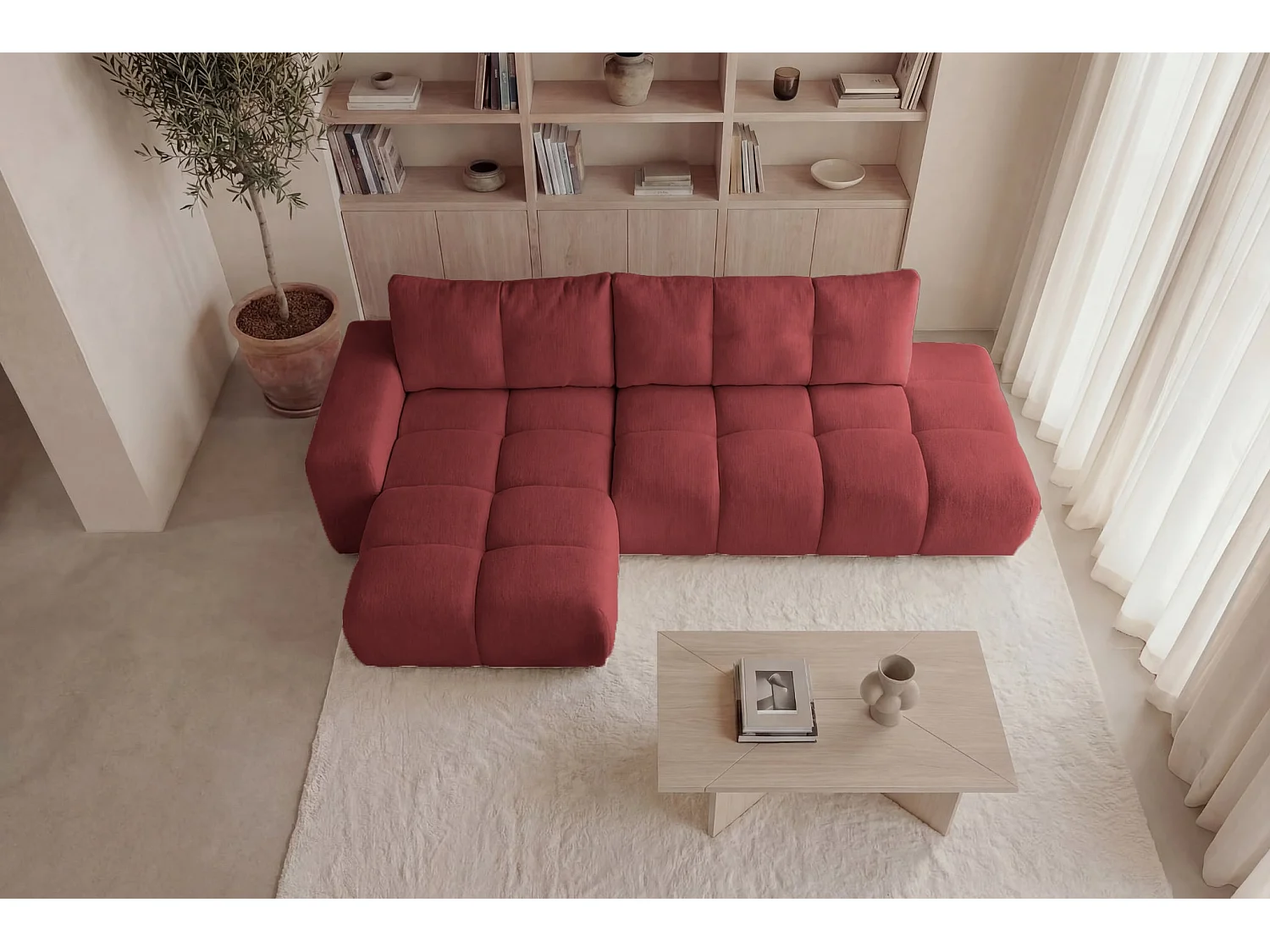 CONSTANCE - 4-zits hoekbank in chenille stof - Rood