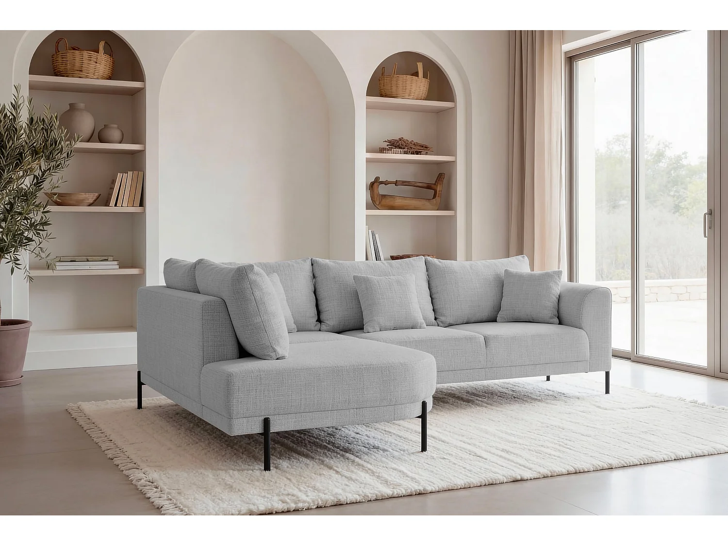 BIANCA - Canapé d'angle tissu chenille 4 places Gris clair Gauche