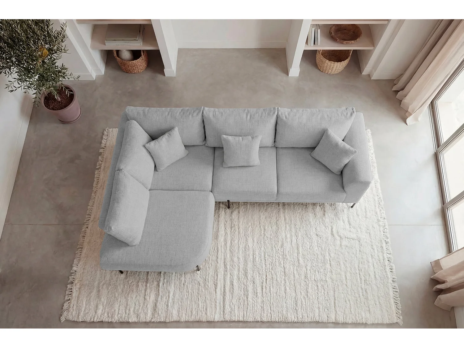 BIANCA - Canapé d'angle tissu chenille 4 places Gris clair Gauche