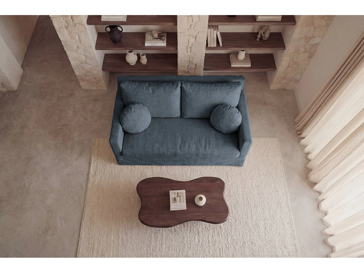 LEONIE - 2-zits rechte bank in chenille stof met afneembare hoezen - Blauw