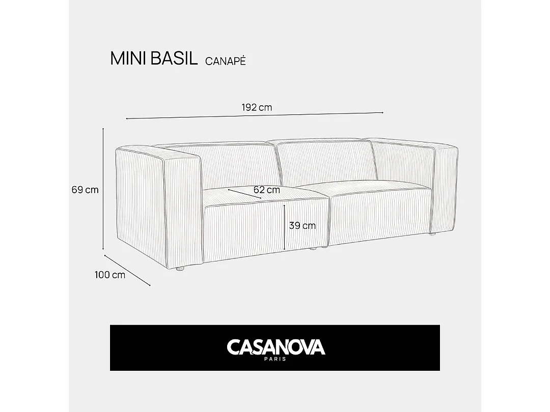 MINI BASIL - Canapé droit tissu lisse 2 places Gris foncé