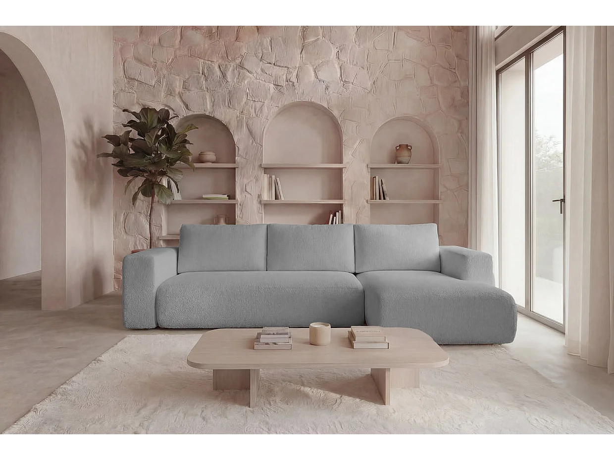 ARIEL - Canapé d'angle tissu bouclette 4 places Gris clair Droit