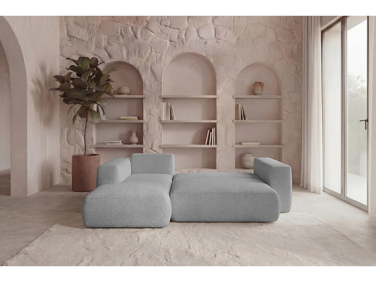 ARIEL - Canapé d'angle tissu bouclette 4 places Gris clair Droit