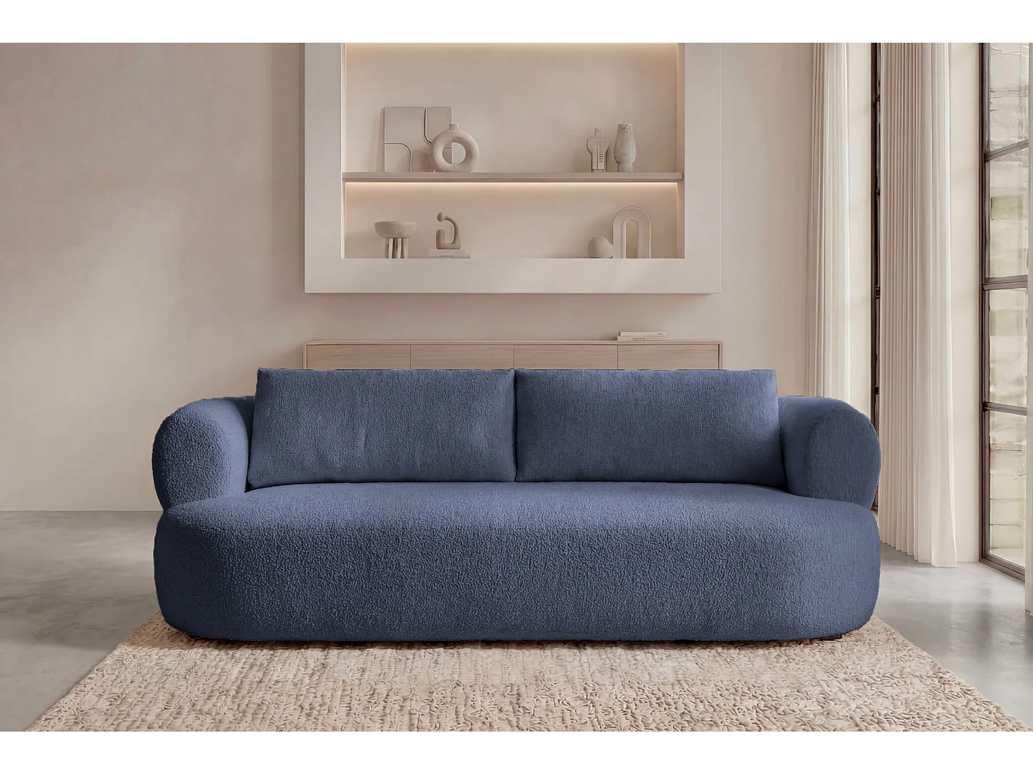 ELLY - Canapé droit tissu chenille 3 places Bleu