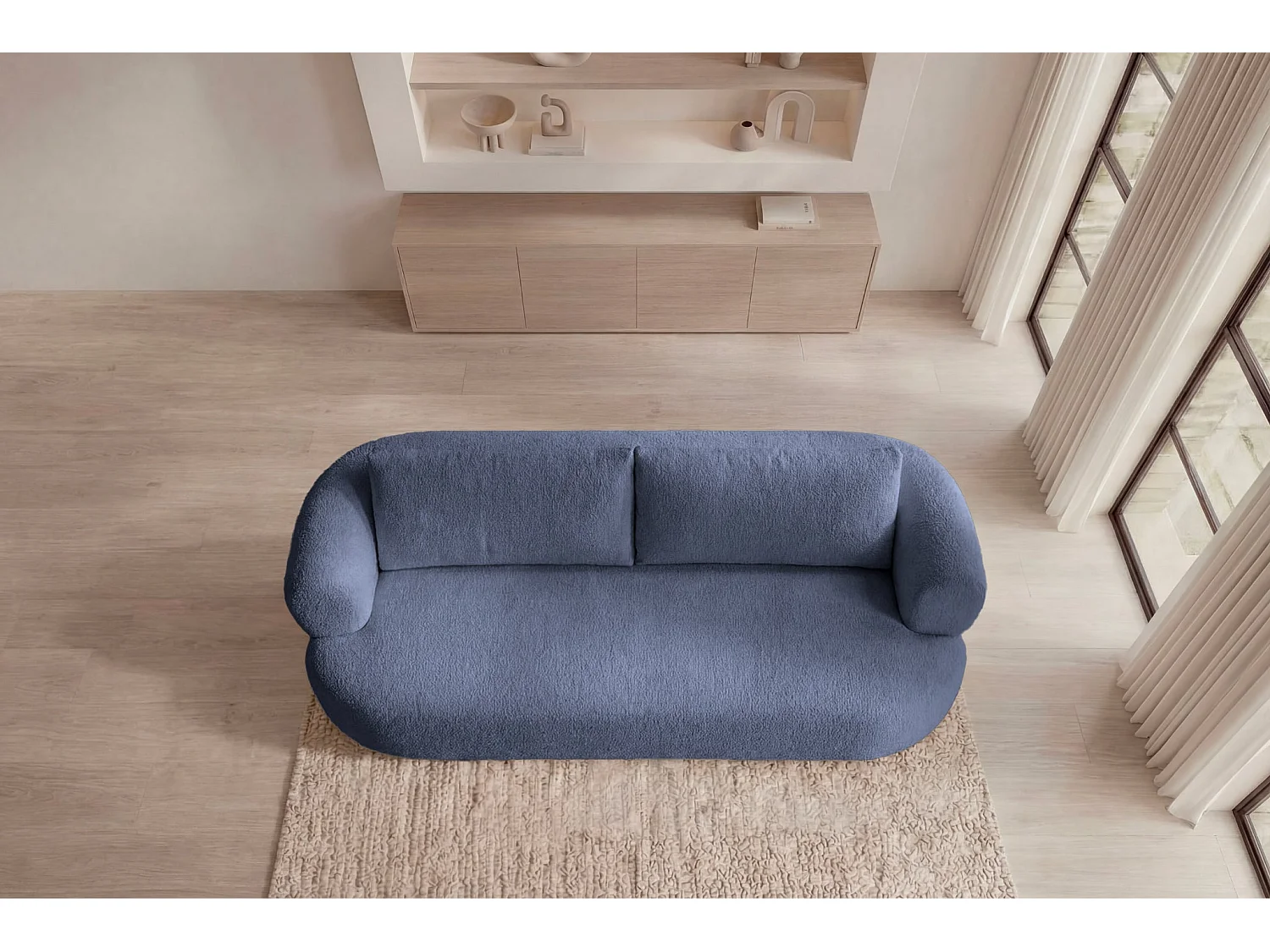 ELLY - Canapé droit tissu chenille 3 places Bleu