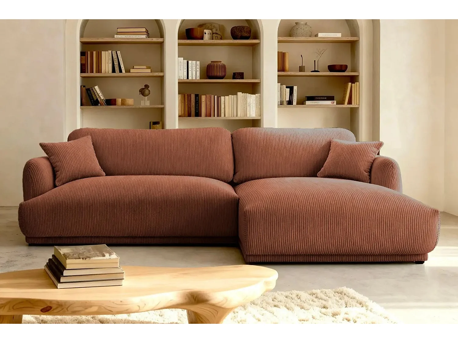 ROSALIE - 3 zits kleine corduroy hoekbank - Links - Terracotta