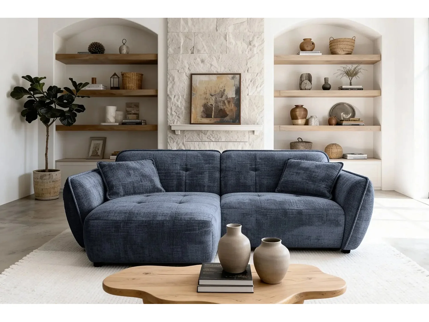 MONA - 4-zits hoekbank in chenille stof - Links - Blauw