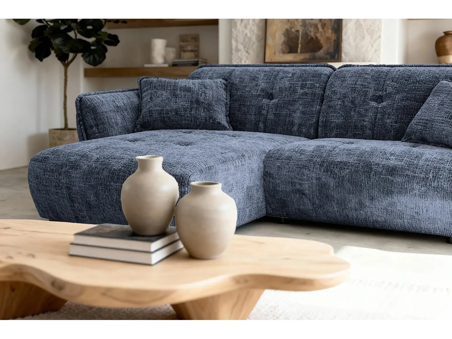 MONA - 4-zits hoekbank in chenille stof - Links - Blauw
