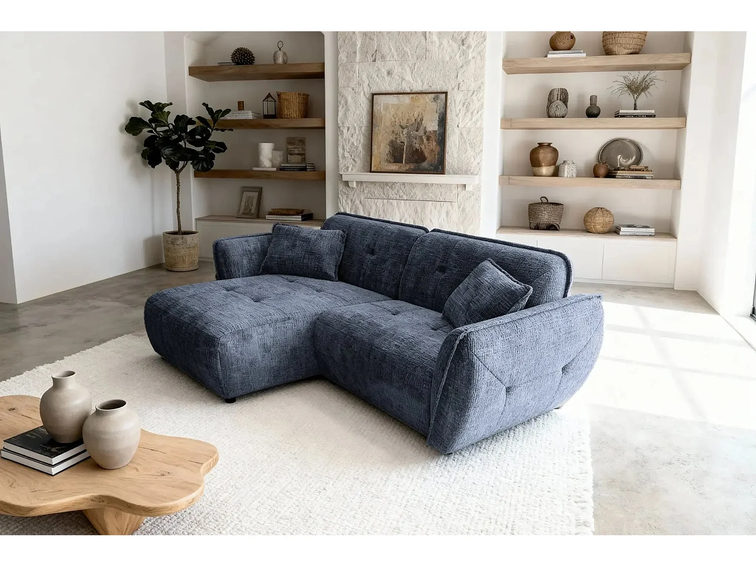 MONA - 4-zits hoekbank in chenille stof - Links - Blauw