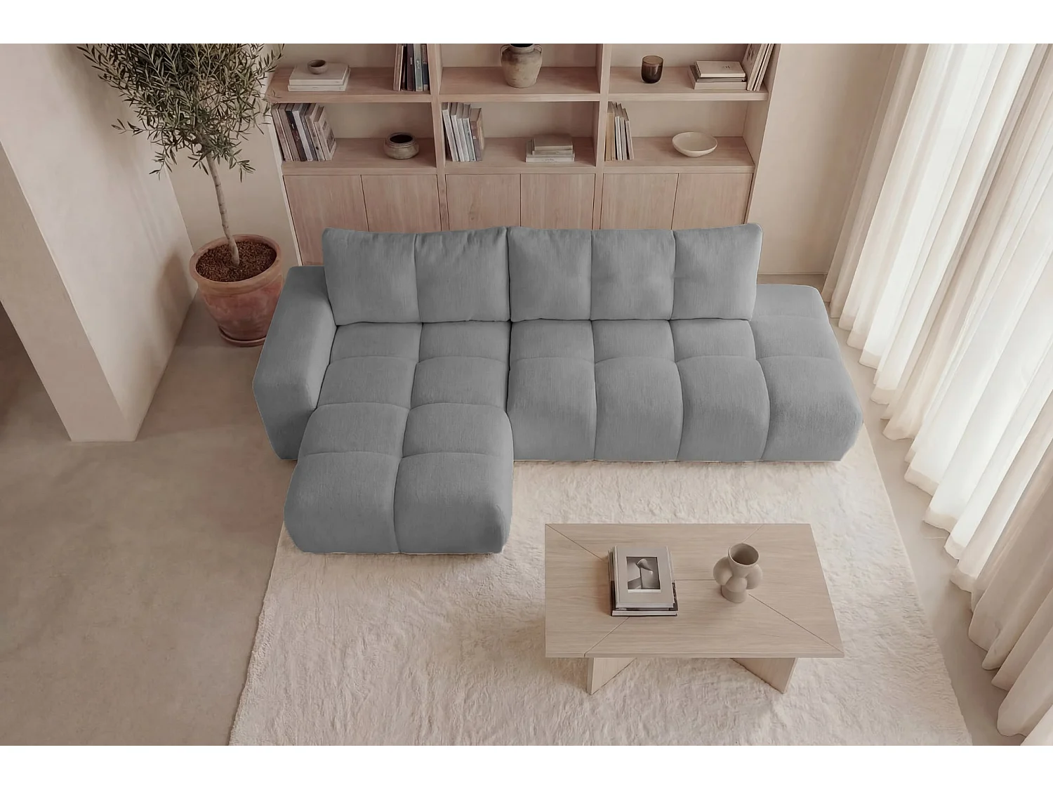 CONSTANCE - Canapé d'angle tissu chenille 4 places Gris clair Droit