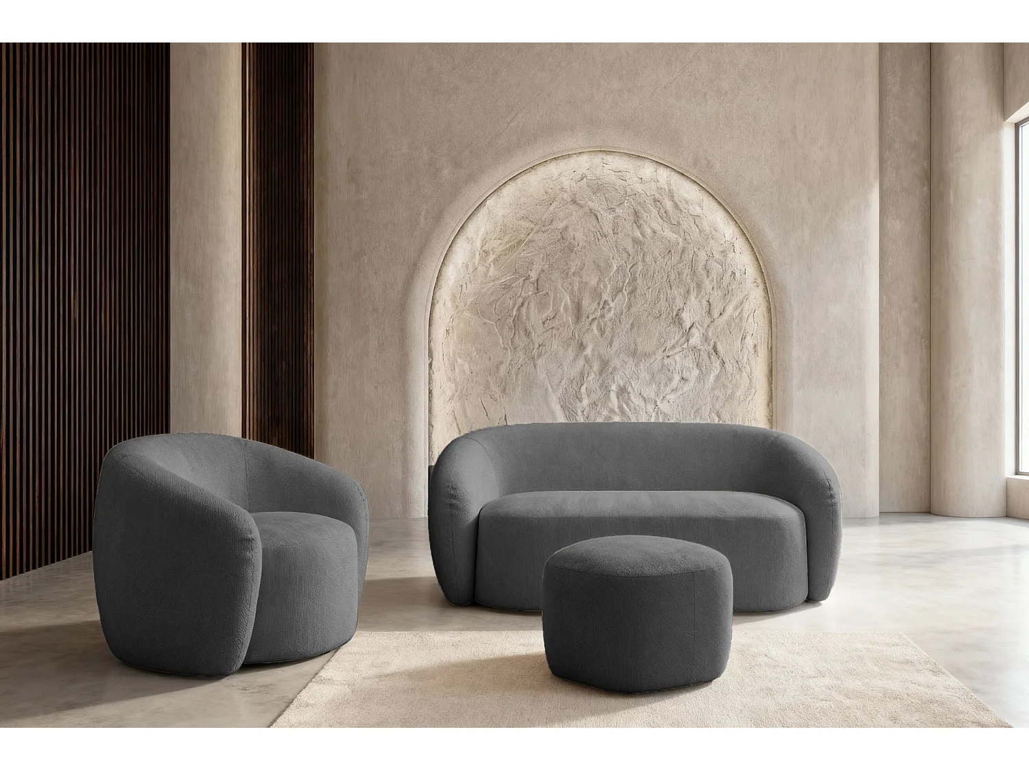 AURELIE - Pack Canapé droit 2 places + fauteuil + pouf tissu Gris foncé