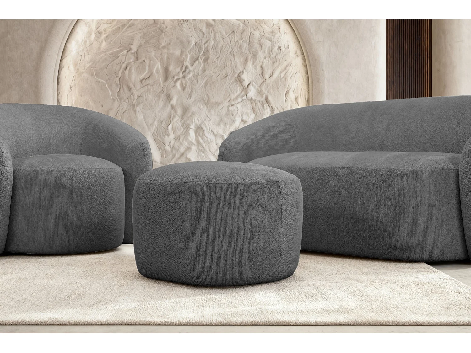 AURELIE - Pack Canapé droit 2 places + fauteuil + pouf tissu Gris foncé