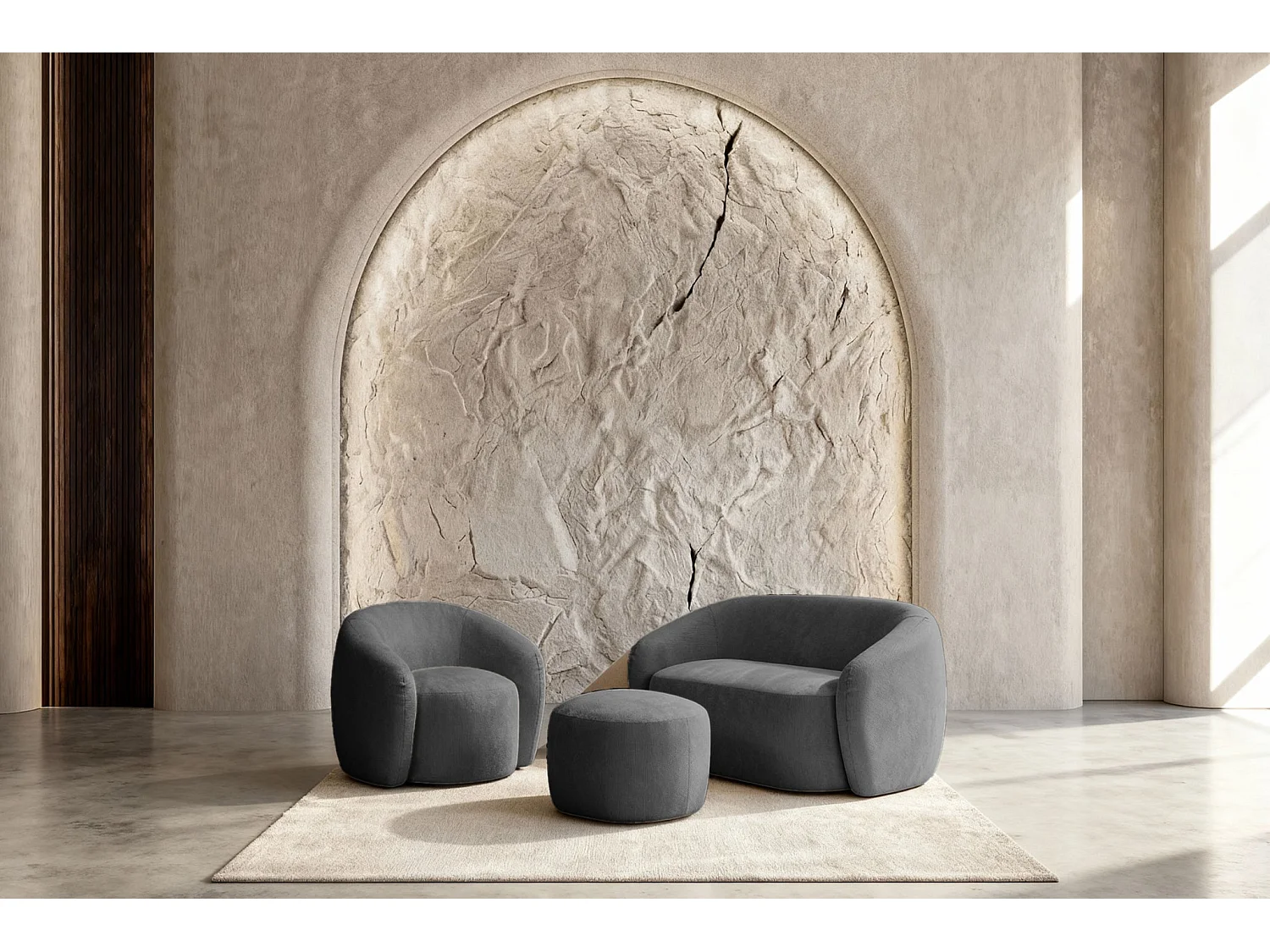 AURELIE - Pack Canapé droit 2 places + fauteuil + pouf tissu Gris foncé