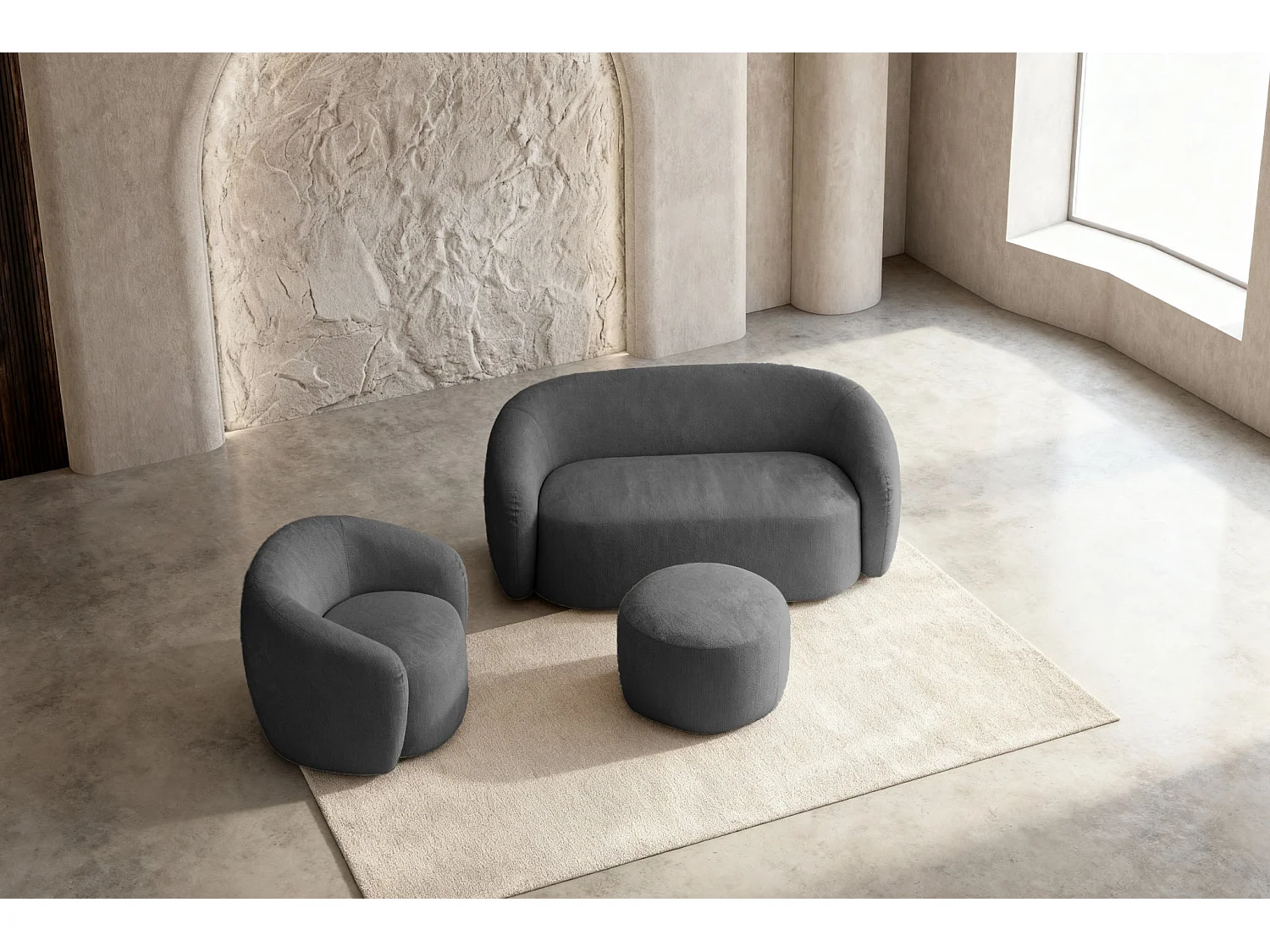 AURELIE - Pack Canapé droit 2 places + fauteuil + pouf tissu Gris foncé