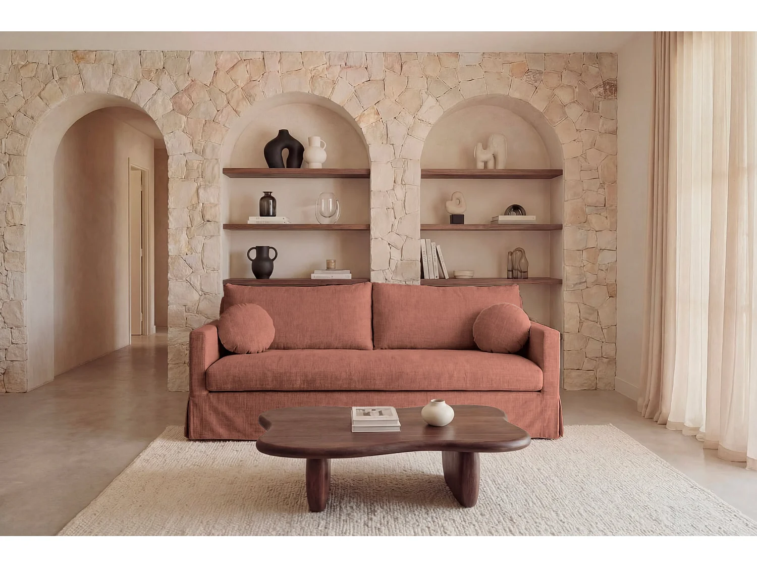 LEONIE - 3-zits rechte bank in chenille stof met afneembare hoezen - Terracotta