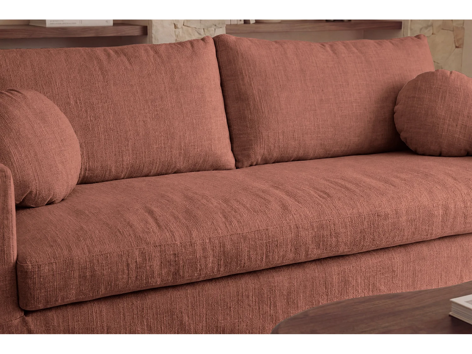 LEONIE - 3-zits rechte bank in chenille stof met afneembare hoezen - Terracotta