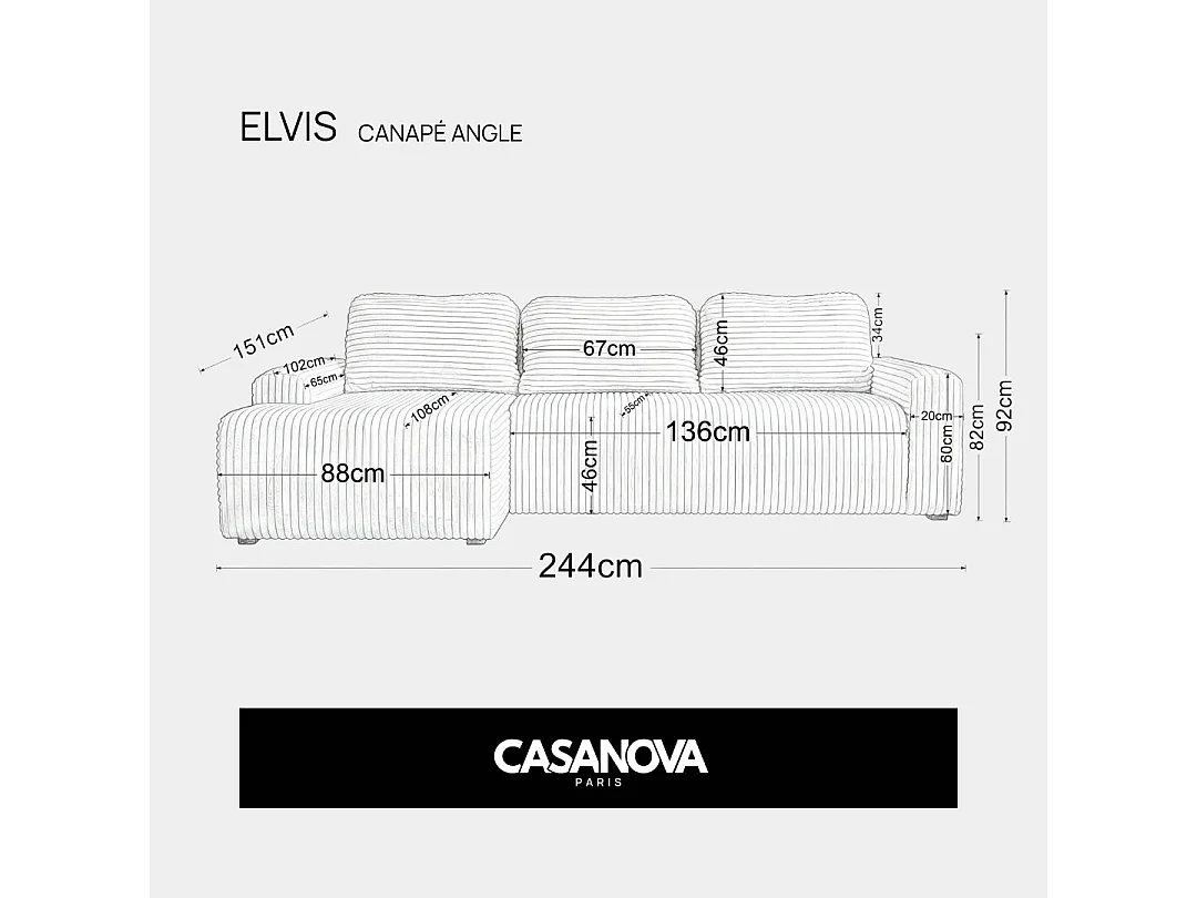 ELVIS - Canapé d'angle gros velours côtelé 4 places Bleu Gauche