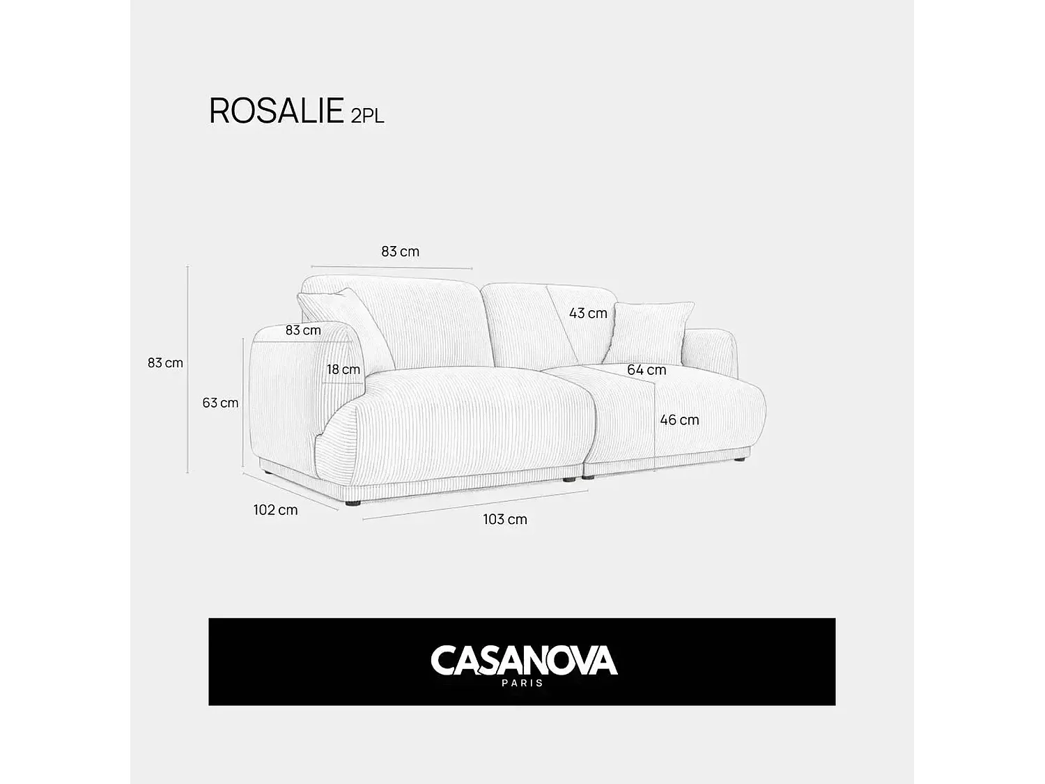 ROSALIE - Canapé droit tissu chenille 2 places Gris clair