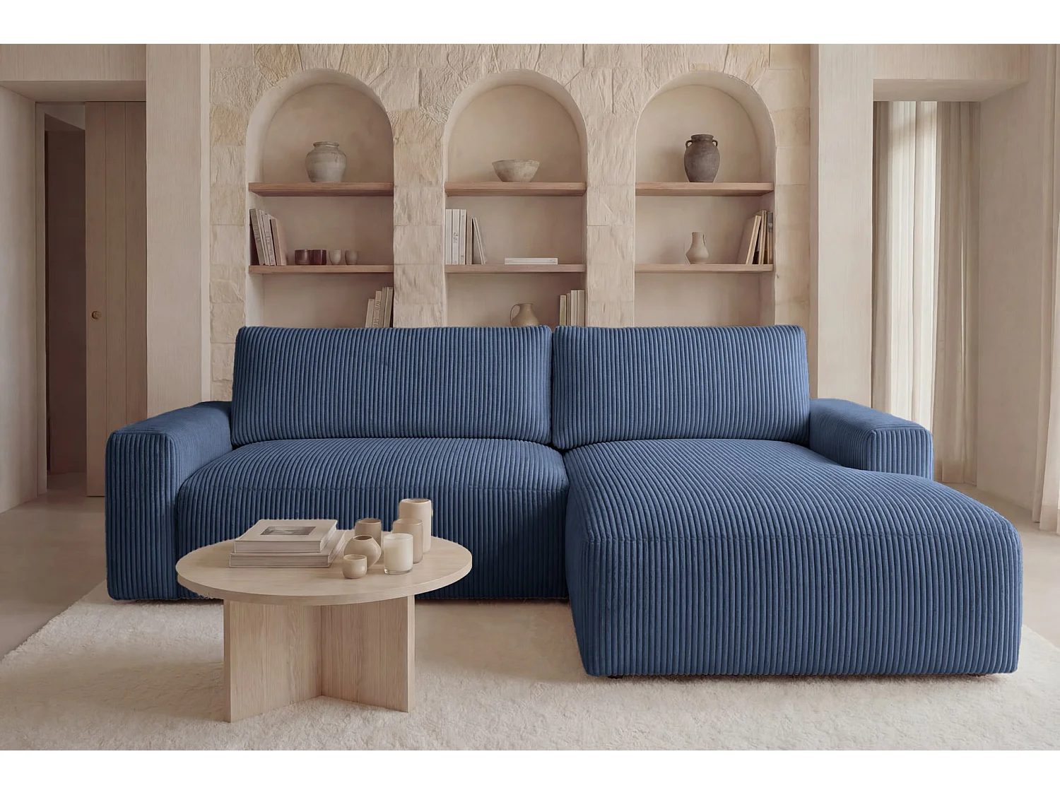 OLYMPE - 4 zits kleine corduroy hoekbank - Blauw