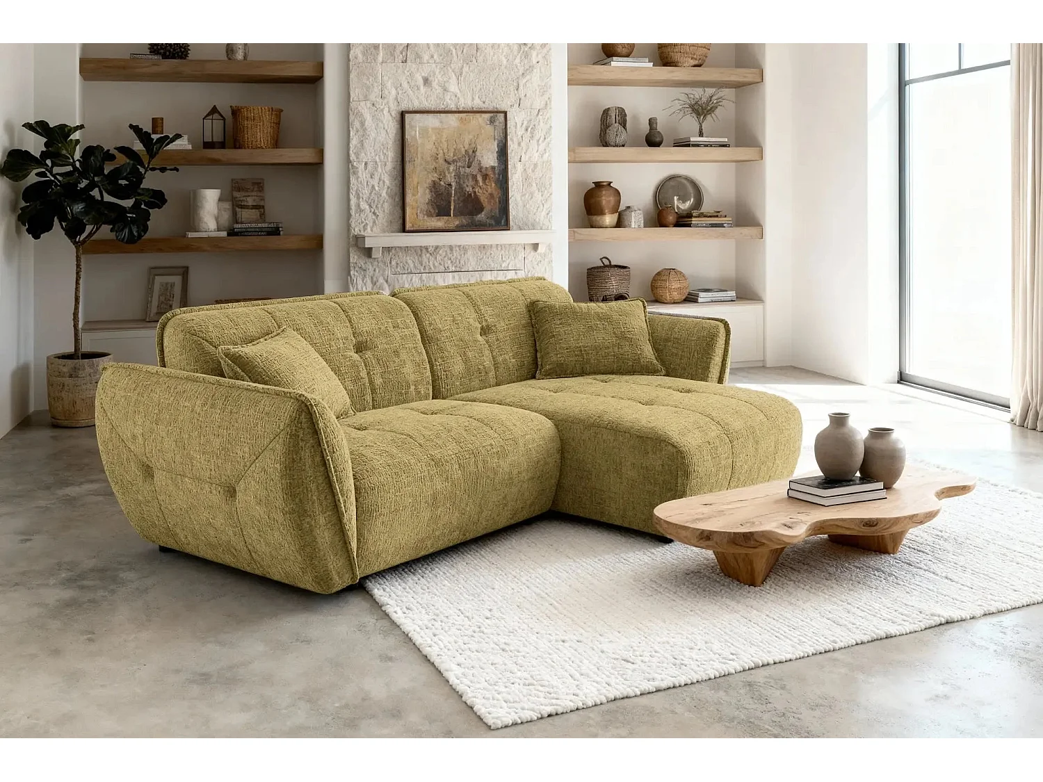 MONA - 4-zits hoekbank in chenille stof - Straight - Mustard