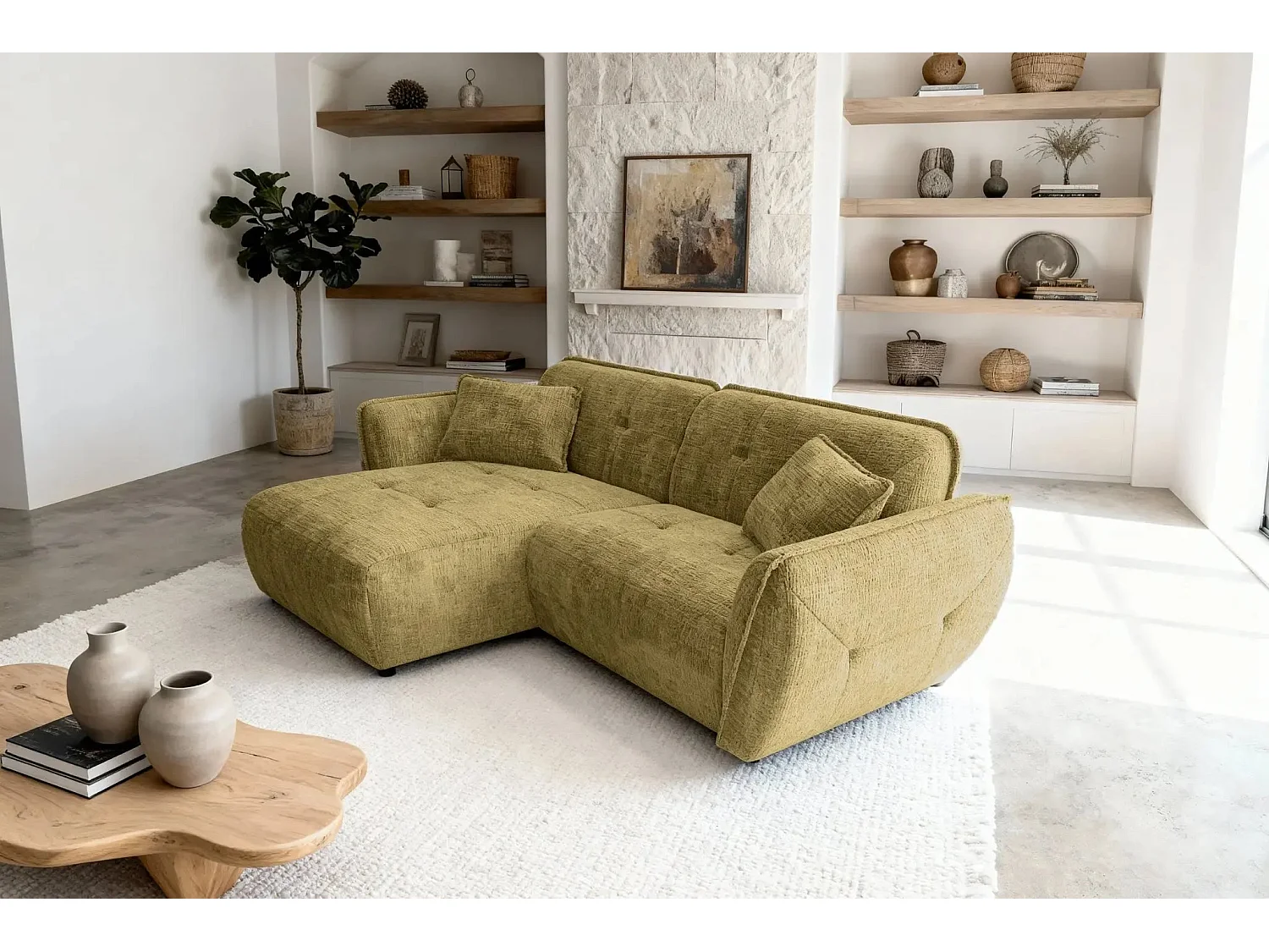 MONA - 4-zits hoekbank in chenille stof - Straight - Mustard