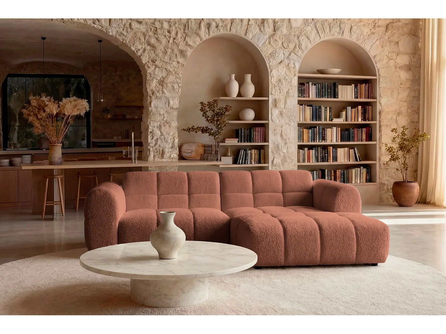 ALEXIA MINI - Bouclette stoffen hoekbank, 3 zits links - Terracotta