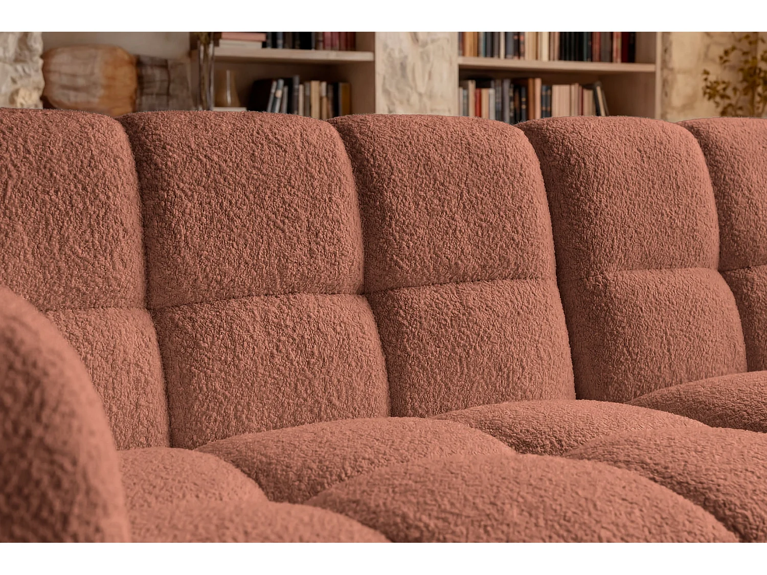 ALEXIA MINI - Bouclette stoffen hoekbank, 3 zits links - Terracotta