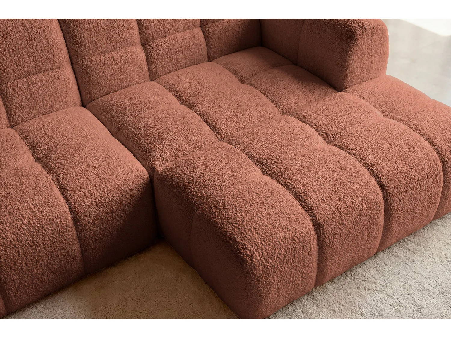 ALEXIA MINI - Bouclette stoffen hoekbank, 3 zits links - Terracotta