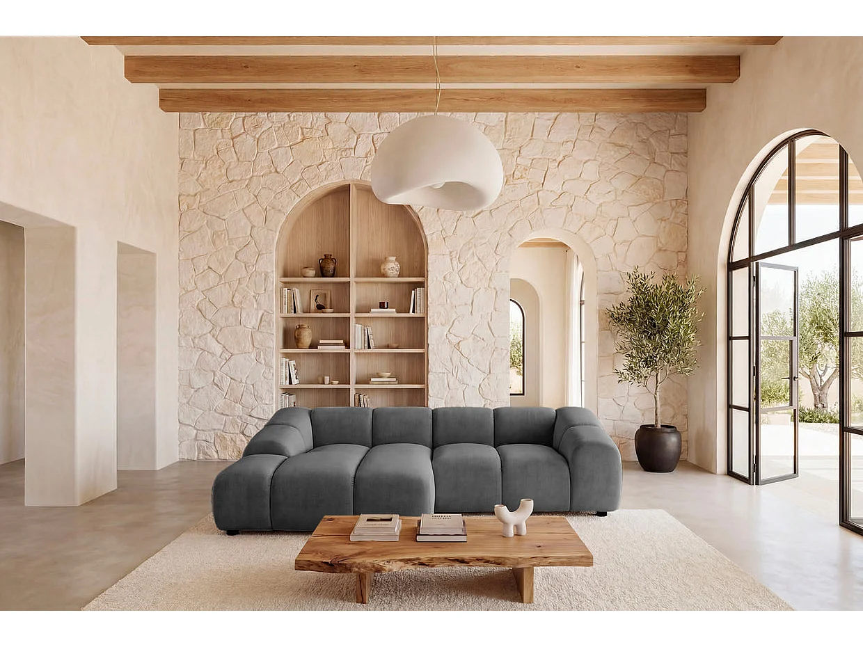 CANDICE - Canapé d'angle tissu velours 3 places Gris Gauche