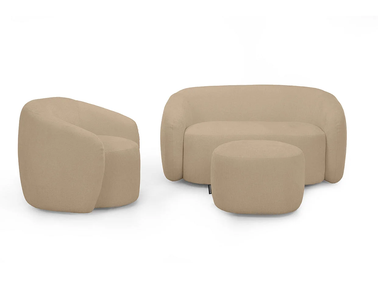 AURELIE - Pack 2-zits rechte bank + fauteuil + stoffen poef - Koffie