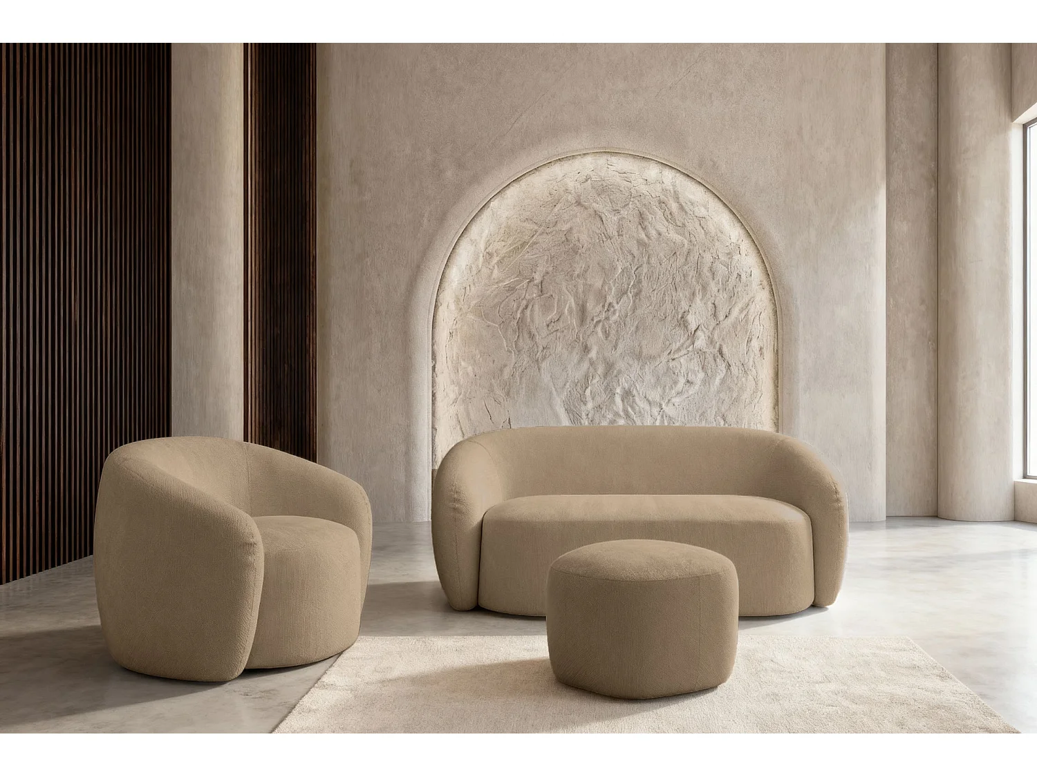 AURELIE - Pack 2-zits rechte bank + fauteuil + stoffen poef - Koffie