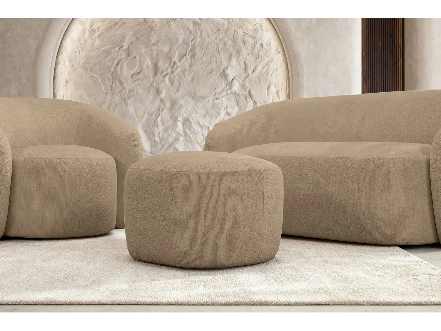 AURELIE - Pack 2-zits rechte bank + fauteuil + stoffen poef - Koffie