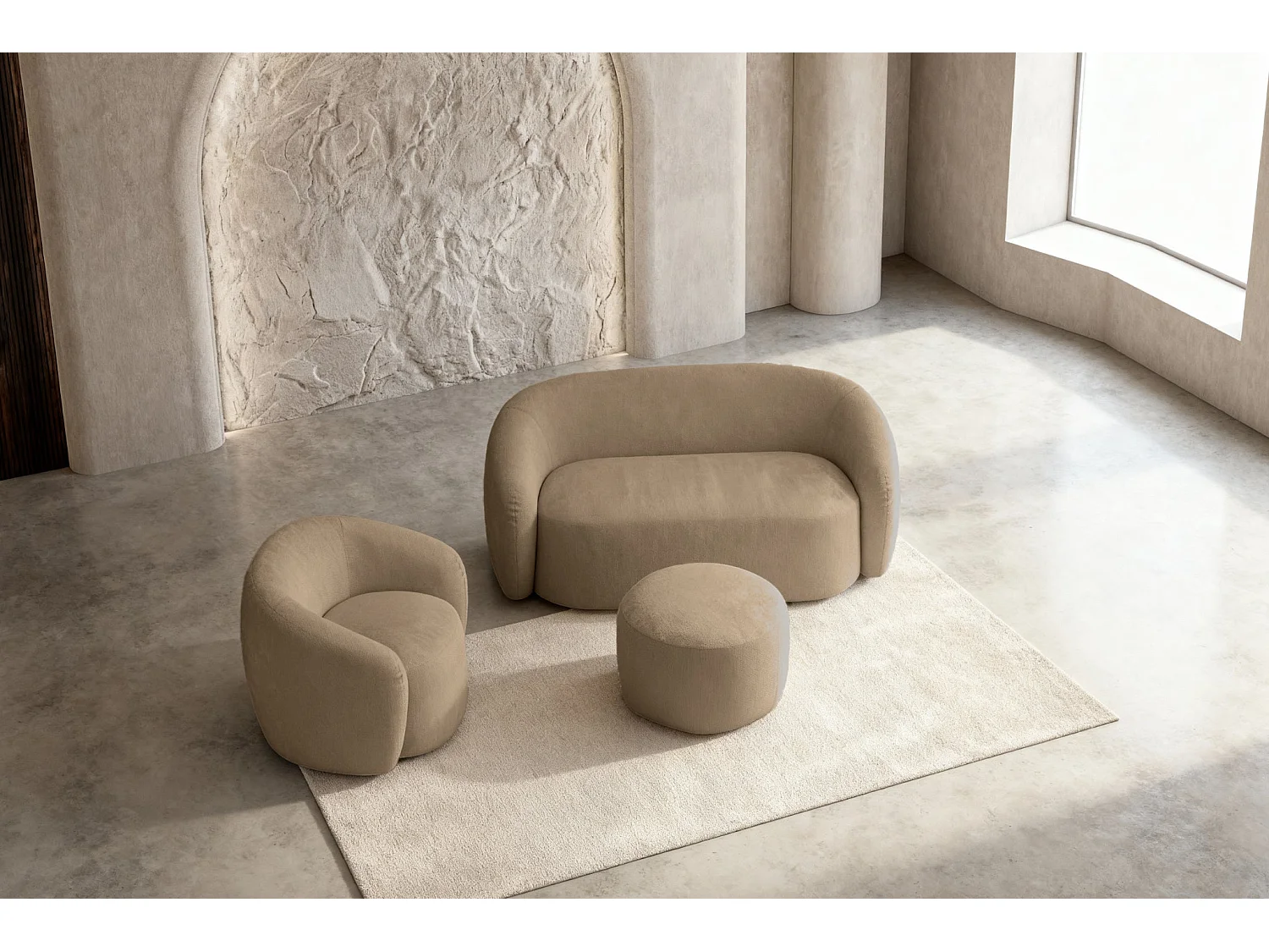 AURELIE - Pack 2-zits rechte bank + fauteuil + stoffen poef - Koffie