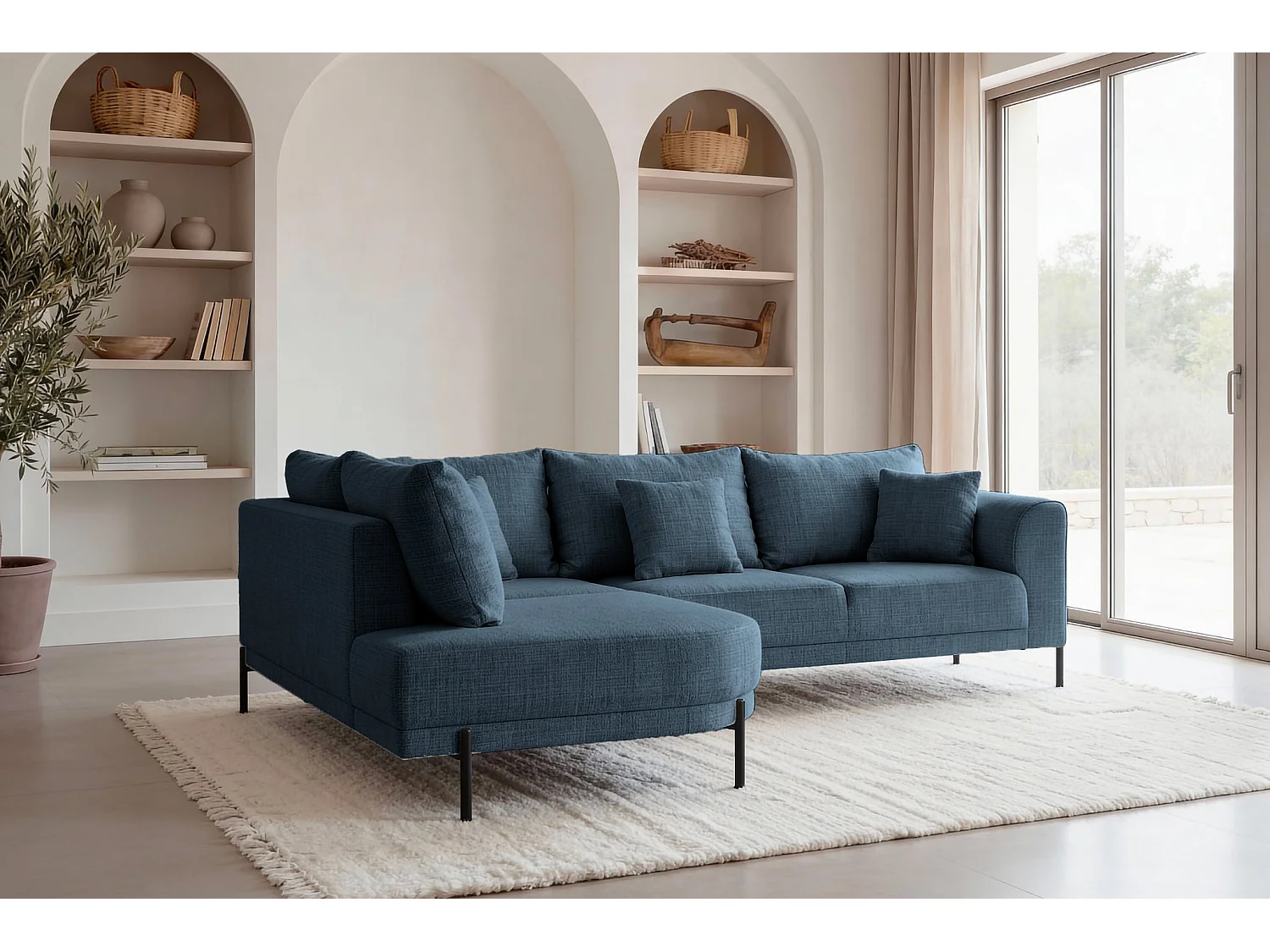 BIANCA - Chenille stoffen hoekbank 4 zits links - Blauw