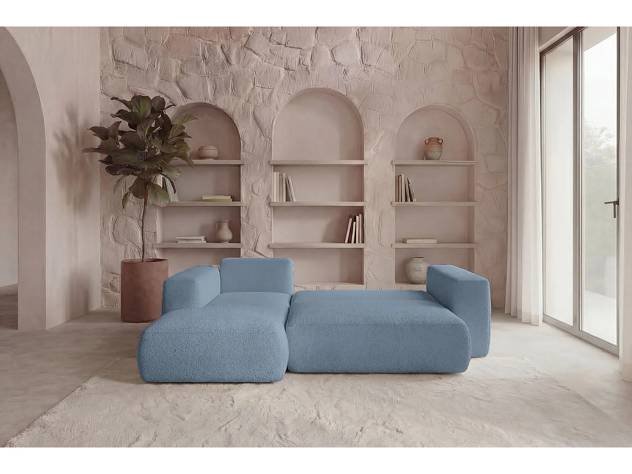 ARIEL - Bouclette stoffen hoekbank 4 zits links - Blauw