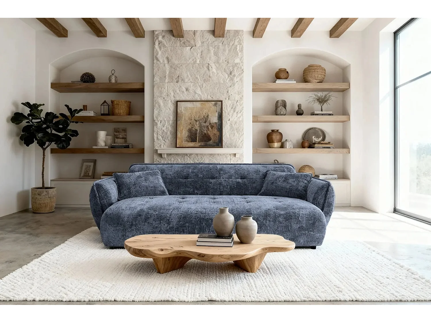 MONA - Canapé droit tissu chenille 3 places Bleu