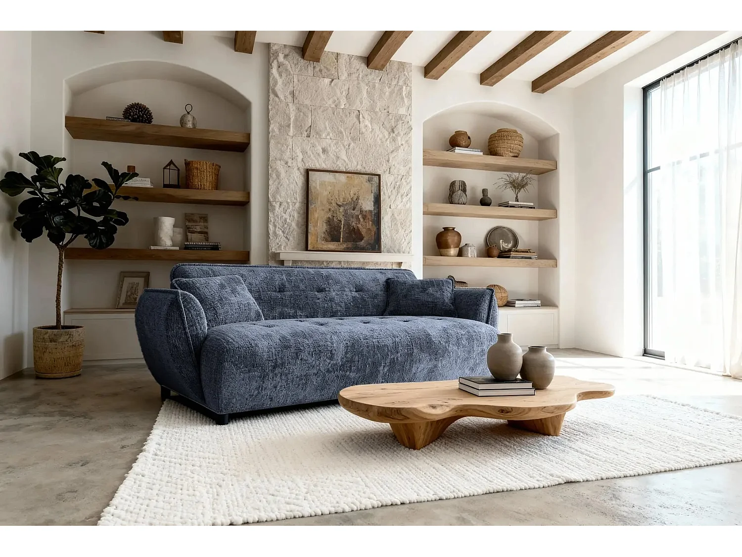 MONA - Canapé droit tissu chenille 3 places Bleu