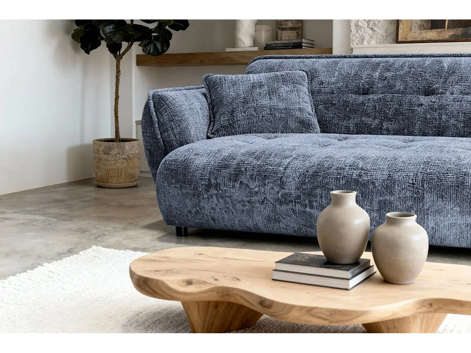 MONA - Canapé droit tissu chenille 3 places Bleu