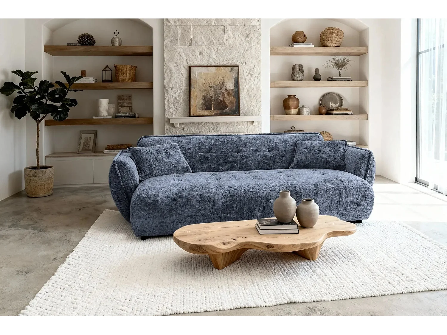 MONA - Canapé droit tissu chenille 3 places Bleu