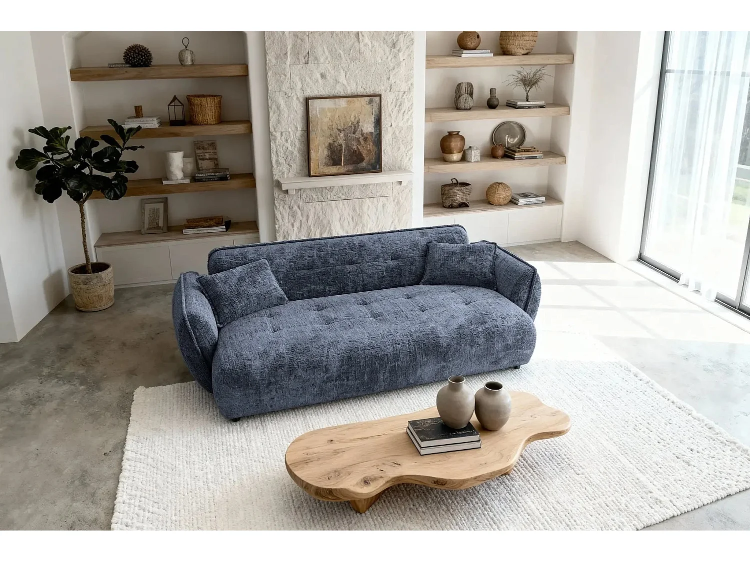 MONA - Canapé droit tissu chenille 3 places Bleu