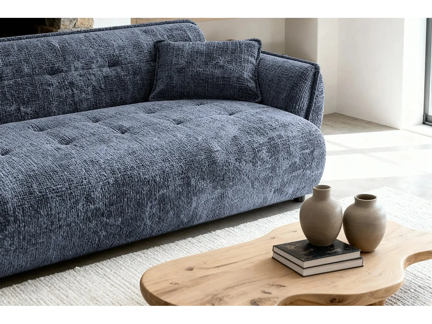 MONA - Canapé droit tissu chenille 3 places Bleu