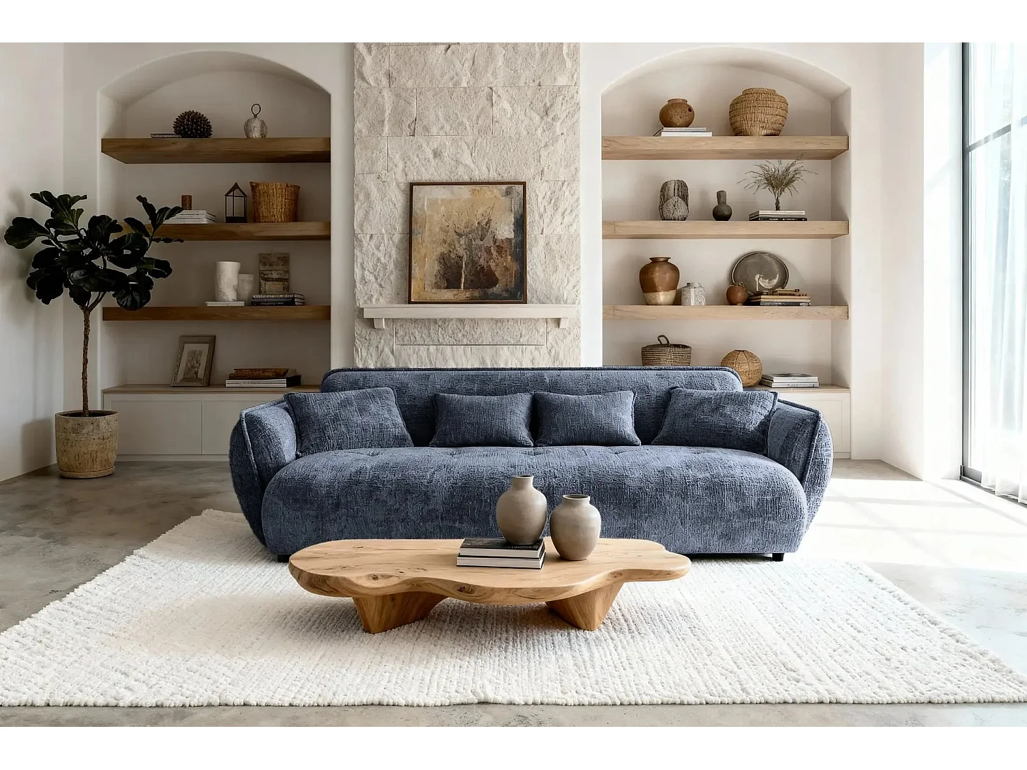 MONA - Canapé droit tissu chenille 3 places Bleu