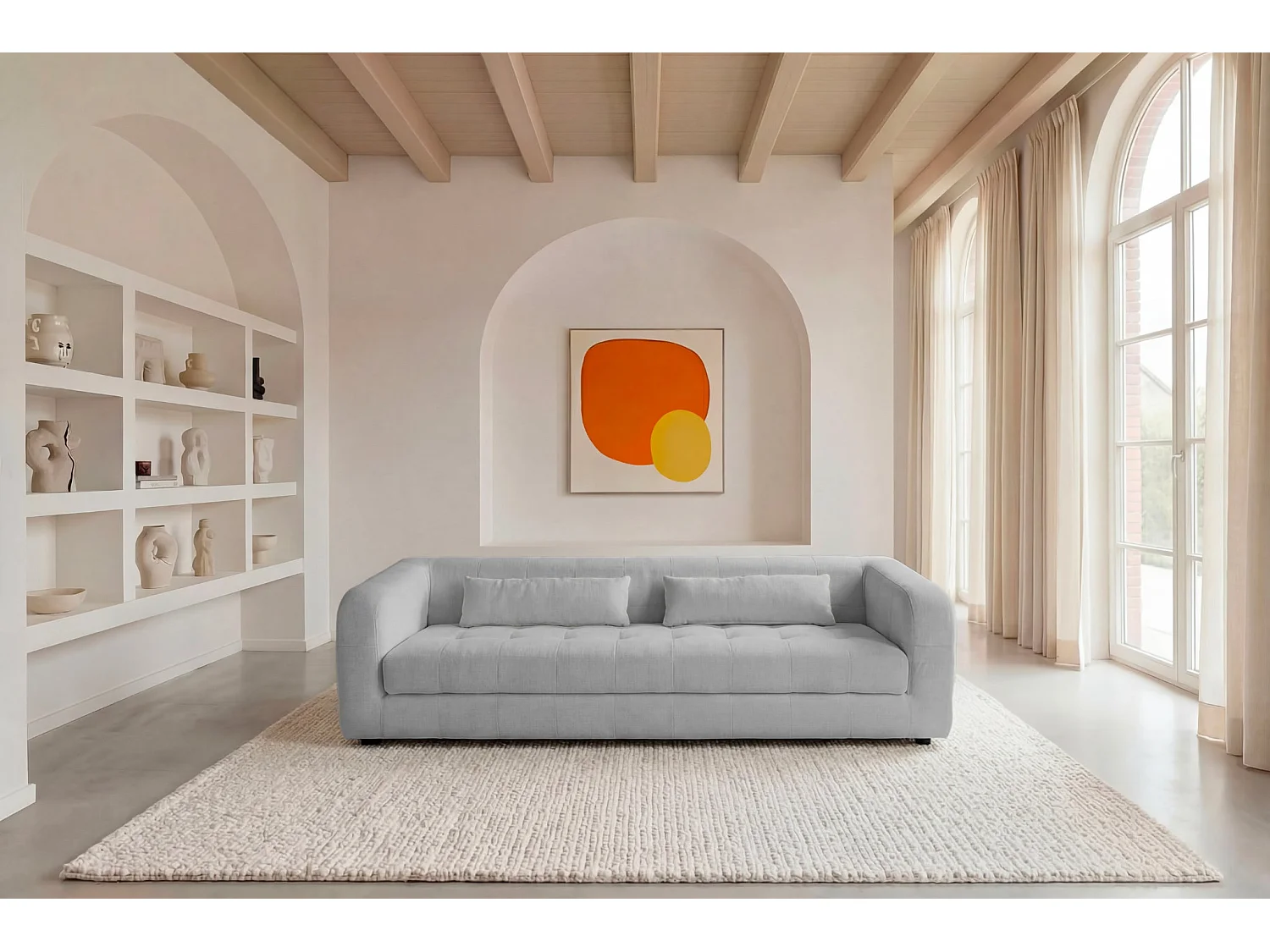 ARLETTE - Canapé droit tissu chenille 4 places Gris clair