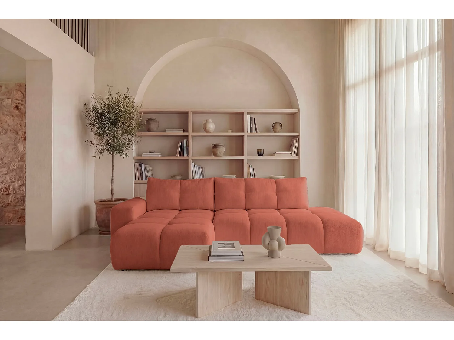 CONSTANCE - 4-zits hoekbank in chenille stof - Terracotta