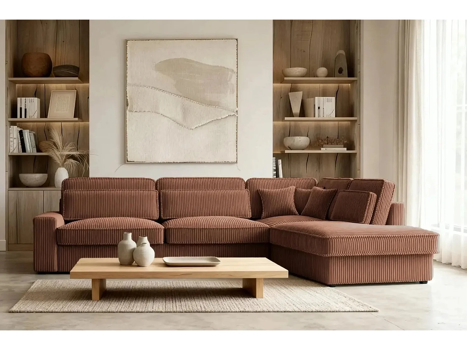 MILAN L - 5-zits corduroy hoekbank - Recht - Terracotta